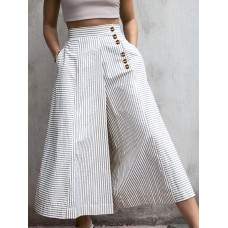 Women Striped Print Side Button Casual Stylish Loose Wide Leg Pants