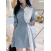 Contrast Color Irregular Button Lapel 3 4 Sleeve Shirt Dress