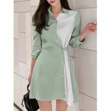 Contrast Color Irregular Button Lapel 3 4 Sleeve Shirt Dress