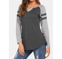 Women Casual Raglan Sleeve V  Neck Plus Size Patchwork T  shirts