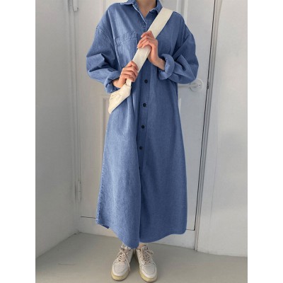 Solid Button Pocket Loose Lapel Denim Shirt Dress