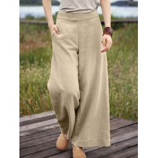 Women Pure Color Casual High Elastic Waisted Plain Wide Leg Pants With Pocket