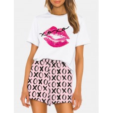 Women Funny Kiss Letter Print Loose Print Loose Breathable Pajama Set