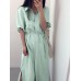 Solid Slit Half Sleeve Belt Lapel Button Down Shirt Dress