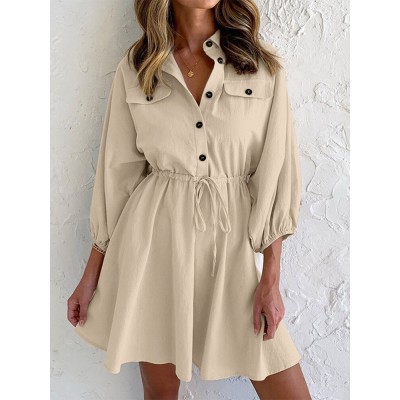 Solid Drawstring Button Lapel 3 4 Sleeve Shirt Dress