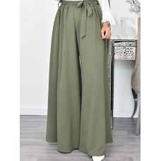 Women Casual Loose Solid Color Lace  Up Elastic Waist Wide Leg Pants With Pockets