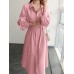 Solid Belt Long Sleeve Lapel Button Down Shirt Dress