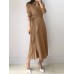 Solid Cross Front Tie Pleated Long Sleeve Lapel Shirt Dress