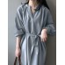 Solid Belt Loose Puff Long Sleeve V  neck Shirt Dress